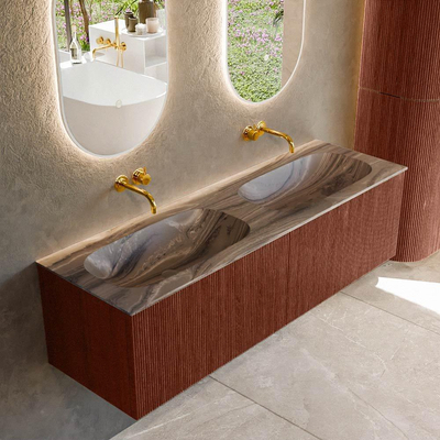 MONDIAZ KURVE-DLUX Meuble de salle de bains 150cm couleur Ruby avec 2 tiroirs et 0 porte. Lavabo STOR SMALL double sans trou de robinet Sombra.