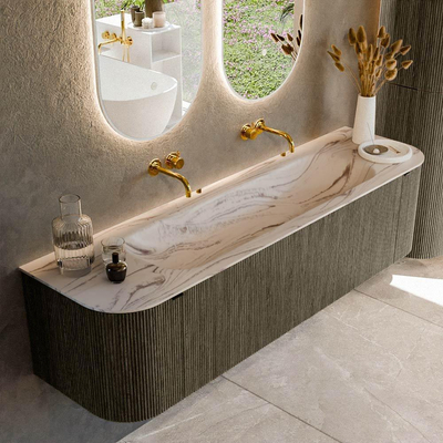 MONDIAZ KURVE-DLUX Meuble de salle de bains 170cm arrondi Gauche + Droite couleur Shadow avec 1 tiroir et 2 portes. Lavabo BIG LARGE Central sans trou de robinet Nata.