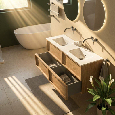 Saniclass Holz Frame Ensemble de meubles de salle de bains - 140x45x62cm - lavabo Vygo en céramique blanc - 2 vasques - sans trous de robinet - 4 tiroirs - chêne naturel brillant (bois)