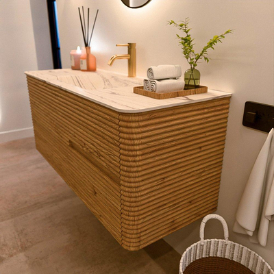 Mondiaz CIRO-DLUX Ensemble de meubles de salle de bains - 120x45x50cm - Plan vasque solid surface Nata - 1 vasque au milieu - 1 trou de robinet - 2 tiroirs - Chêne