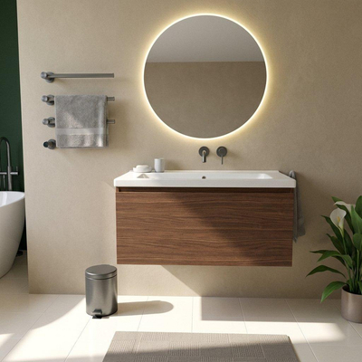 Saniclass Holz Frame Ensemble de meubles de salle de bains - 80x45x43.5cm - lavabo en céramique Bari blanc - 1 vasque - sans trou de robinet - 1 tiroir - walnut pure mat (bois)