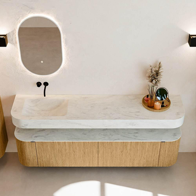 MONDIAZ THOR-DLUX 190cm badmeubel ronding links + rechts kleur Oak met 2 lades en 2 deuren. Vrijhangende wastafel CLOUD Links zonder kraangat kleur Opalo.