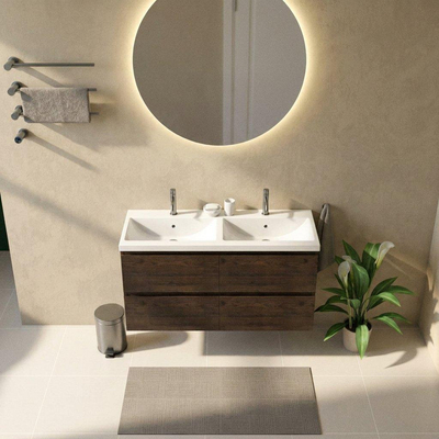 Saniclass Holz Pure Ensemble de meubles de salle de bains - 120x45x63.5cm - Lavabo Bari en céramique blanc - 2 vasques - 2 trous de robinet - 4 tiroirs - chêne charcoal mat (bois)