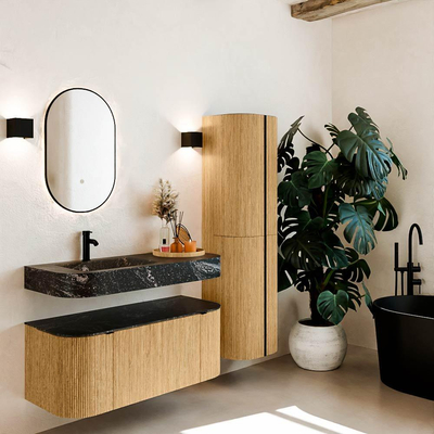MONDIAZ THOR-DLUX 110cm badmeubel ronding links + rechts kleur Oak met 1 lade en 2 deuren. Vrijhangende wastafel CLOUD Links 1 kraangat kleur Lava.