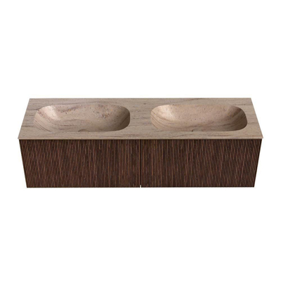 MONDIAZ KURVE-DLUX meuble de salle de bains 150cm couleur Walnut avec 2 tiroirs et 0 porte. Lavabo STOR SMALL Double 2 trous de robinet Saba.