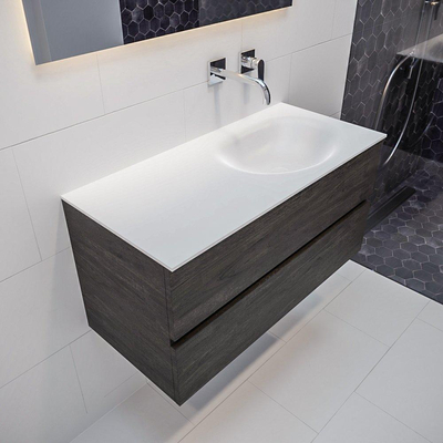 Mondiaz VICA ensemble de meuble de salle de bain - 100cm - meuble sous-vasque marron foncé - 2 tiroirs - lavabo Moon droite - sans trous de robinet - version XL 60cm de haut