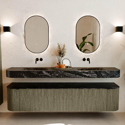 MONDIAZ THOR-DLUX 200cm meuble de salle de bains arrondi gauche + droite couleur Shadow avec 2 tiroirs et 2 portes. Vasque suspendue CLOUD Double sans trou de robinet couleur Lava.