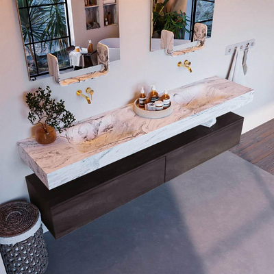 Mondiaz ALAN-DLUX Ensemble de meuble de salle de bain - 120x46cm - 2 tiroirs - vasque suspendue - sans trous de robinetterie - 2 doubles - Dark Brown (chêne foncé)