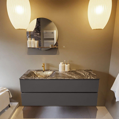 Mondiaz VICA-DLUX Ensemble de meuble de salle de bain - 130cm - meuble sous-vasque gris foncé - 2 tiroirs - lavabo encastré cloud gauche - 1 trou de robinet - version haute de 60cm - lave