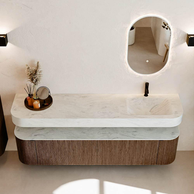 MONDIAZ THOR-DLUX Meuble de salle de bains - 190cm - arrondi gauche + droite - couleur Walnut - 2 tiroirs et 2 portes - Vasque suspendue CLOUD Droite 1 trou de robinet - couleur Opalo