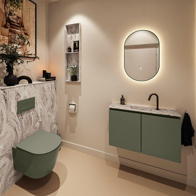 MONDIAZ TURE-DLUX Meuble toilette - 80cm - Army - EDEN - vasque Glace - position centrale - 1 trou de robinet