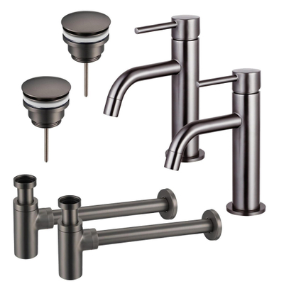 FugaFlow Eccelente Sobrado Badkamer Slim Wastafelkraanset - voor dubbele wastafel - lage wastafelkraan - klikwaste plug - design sifon - PVD Gepolijst Gunmetal