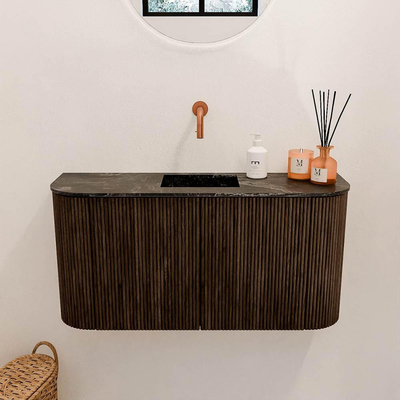 Mondiaz JOYA-DLUX 83.2cm toiletmeubel - ronding links en rechts kleur Walnut - Wastafel FAYE positie Midden Zonder kraangat kleur Lava.
