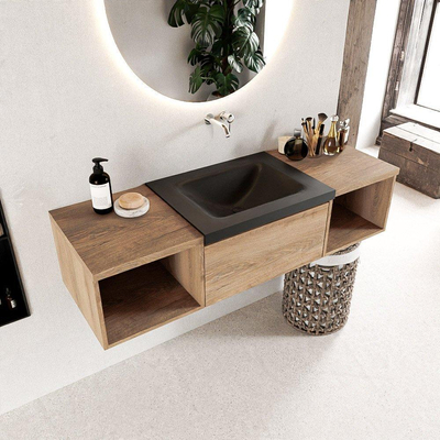 Mondiaz BUKLA Badkamermeubelset - 140x45x34cm - 0 kraangaten - wasbak midden - solid surface - Urban - greeploos - 2 lades - Melamine - Washed Oak