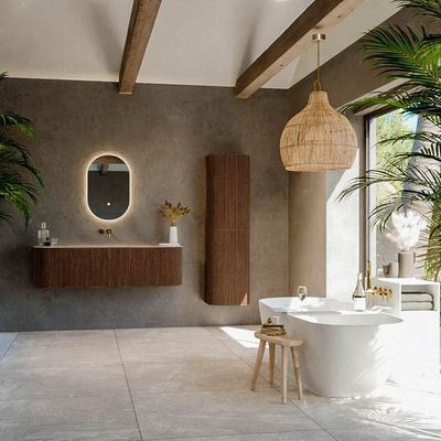 MONDIAZ KURVE-DLUX 150cm meuble de salle de bains arrondi Gauche + Droite couleur Walnut avec 1 tiroir et 2 portes. Lavabo BIG MEDIUM Central sans trou de robinet Arena.