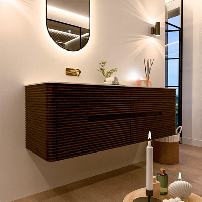 Mondiaz CIRO-DLUX Meuble de salle de bains - 150x45x50cm - lavabo en solid surface Ostra - 1 vasque à gauche - sans trous de robinetterie - 4 tiroirs - Noyer
