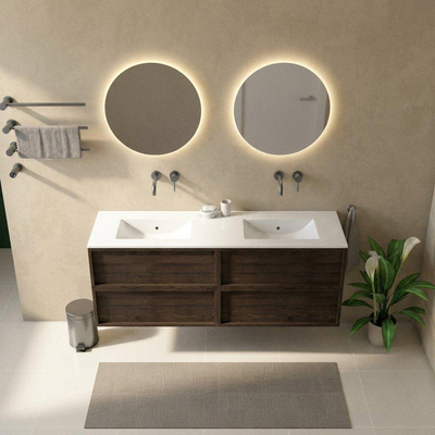 Saniclass Holz Frame Ensemble meuble de salle de bains - 160x45x62cm - lavabo Vygo en céramique blanc - 2 vasques - sans trous de robinetterie - 4 tiroirs - chêne charcoal mat (bois)