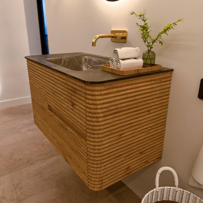 Mondiaz CIRO-DLUX Badkamermeubelset - 90x45x50cm - Solid surface wastafel Lava - 1 wasbak Midden - zonder kraangaten - 2 lades - Oak