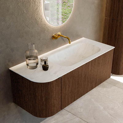 MONDIAZ KURVE-DLUX 115cm badmeubel met module 25 L kleur Walnut met 1 lade en 1 deur. Wastafel BIG SMALL rechts zonder kraangat kleur Opalo.