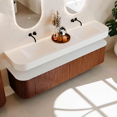 MONDIAZ THOR 190cm meuble de salle de bains arrondi gauche + droite couleur Ruby avec 2 tiroirs et 2 portes. Vasque suspendue CLOUD Double sans trou de robinet couleur Talc.