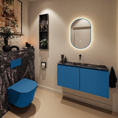MONDIAZ TURE-DLUX Meuble de toilette 100 cm Jeans. Lavabo EDEN Lava position milieu. Sans trou de robinet.