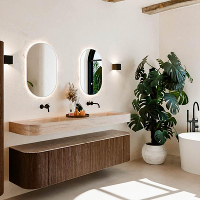 MONDIAZ THOR-DLUX Meuble de salle de bains - 180cm - arrondi gauche + droite - couleur Walnut - 2 tiroirs - 2 portes - Vasque suspendue CLOUD Double sans trou de robinet - couleur Saba