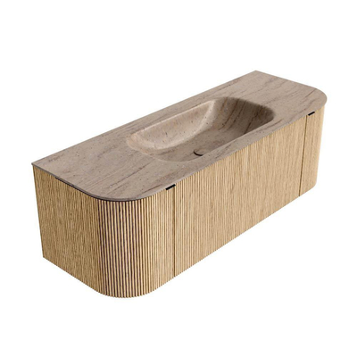 MONDIAZ KURVE-DLUX 130cm badmeubel ronding Links + Rechts kleur Oak met 1 lade en 2 deuren. Wastafel BIG SMALL Midden zonder kraangat Saba.