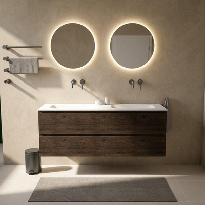 Saniclass Holz Pure Ensemble de meuble de salle de bains - 160x45x61.5cm - Flow lavabo en solid surface blanc - 2 vasques - sans trous de robinetterie - 4 tiroirs - chêne charcoal mat (bois)