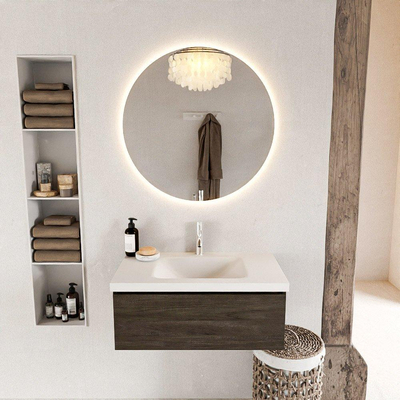 Mondiaz BUKLA Ensemble de meuble salle de bain - 80x45x34cm - 1 trou de robinet - lavabo centré - solid surface - Talc - sans poignée - 1 tiroir - Mélamine - Marron foncé