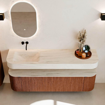 MONDIAZ THOR-DLUX Meuble de salle de bains 170cm arrondi gauche + droite couleur Ruby avec 1 tiroir et 2 portes. Vasque suspendue CLOUD Gauche sans trou de robinet couleur Meli.