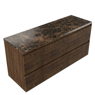 Saniclass Holz Atelier Ensemble de meubles de salle de bains - 140x45x63cm - plan de travail en pierre naturelle Noche dark emperador - sans trou de robinetterie - 4 tiroirs - chêne mat charcoal (bois)
