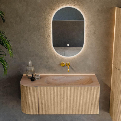 MONDIAZ KURVE-DLUX Meuble de salle de bains 105cm arrondi Gauche couleur Chêne avec 1 tiroir et 1 porte. Lavabo BIG SMALL Droite sans trou de robinet Saba.