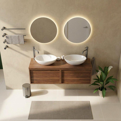 Saniclass Holz Frame Ensemble de meubles de salle de bains - 140x45x43cm - Plateau en pierre naturelle travertin - 2 trous de robinet - 2 tiroirs - noyer pur mat (bois)