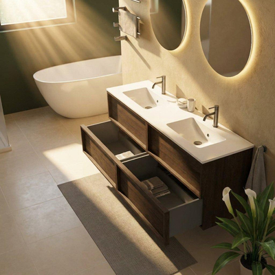 Saniclass Holz Frame Ensemble meuble de salle de bains - 160x45x62cm - Lavabo Vygo en céramique blanc - 2 vasques - 2 trous de robinet - 4 tiroirs - chêne charcoal mat (bois)