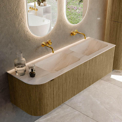 MONDIAZ KURVE-DLUX Meuble de salle de bains 145cm arrondi à gauche couleur Dusk avec 1 tiroir et 1 porte. Lavabo LEAF Double / Droite sans trou de robinet Meli.