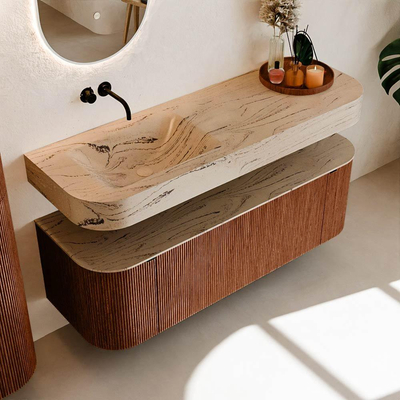 MONDIAZ THOR-DLUX 140cm meuble de salle de bains arrondi gauche + droite couleur Ruby avec 1 tiroir et 2 portes. Vasque suspendue CLOUD Gauche sans trou de robinet couleur Arena.