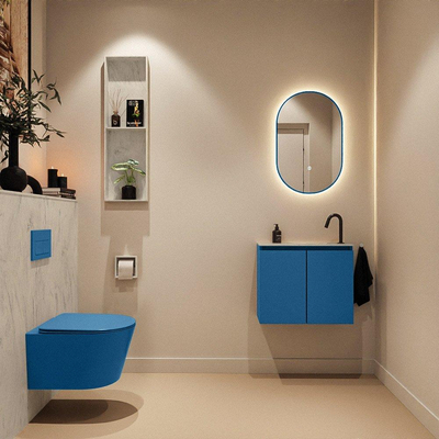 MONDIAZ TURE-DLUX Meuble toilette - 60cm - Jeans - EDEN - vasque Opalo - position droite - 1 trou de robinet
