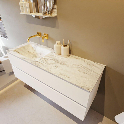 Mondiaz VICA-DLUX ensemble de meuble de salle de bain - 130cm - meuble sous-vasque talc - 2 tiroirs - lavabo encastré cloud gauche - sans trous de robinet - version haute de 60cm - glace