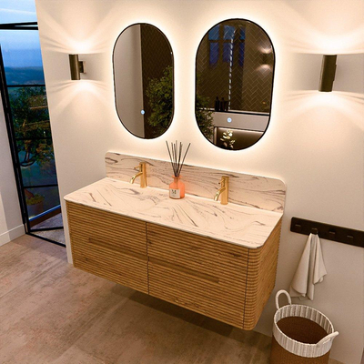 Mondiaz CIRO-DLUX Ensemble meuble de salle de bains - 130x45x50cm - Plan-vasque solid surface Nata - 2 vasques Double - 2 trous de robinetterie - 4 tiroirs - Chêne