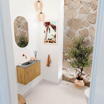 Mondiaz JOYA-DLUX 60cm toiletmeubel - kleur Oak - Wastafel FAYE positie Links Zonder kraangat kleur Sombra.