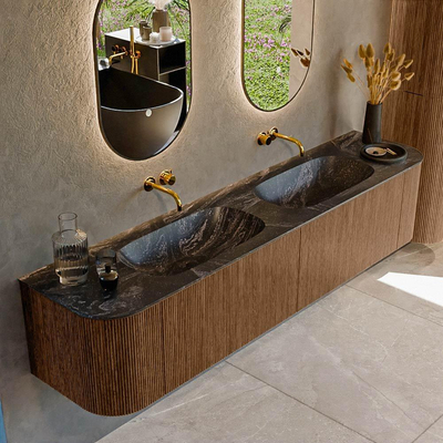 MONDIAZ KURVE-DLUX 200cm Meuble salle de bain avec module 25 G et D - couleur Walnut - 2 tiroirs - 2 portes - vasque STOR SMALL double - sans trou de robinet - couleur Lava