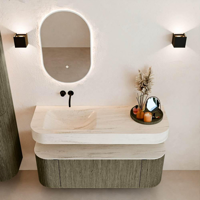 MONDIAZ THOR-DLUX 130cm meuble de salle de bains arrondi gauche + droite couleur Shadow avec 1 tiroir et 2 portes. Vasque suspendue CLOUD gauche sans trou de robinet couleur Meli.