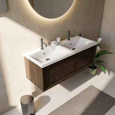 Saniclass Holz Frame Ensemble de meuble de salle de bains - 120x45x43.5cm - lavabo Bari en céramique blanc - 2 vasques - 2 trous de robinetterie - 1 tiroir - chêne charcoal mat (bois)