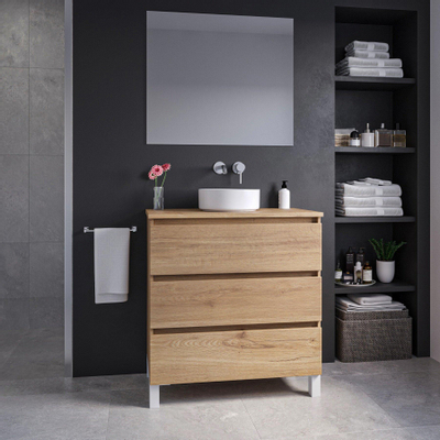 Adema Chaci PLUS Ensemble de meuble - 79.5x86x45.9cmcm - vasque à poser sur plan - robinets encastrables Inox - 3 tiroirs - miroir rectangulaire - Cannelle