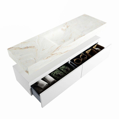 Mondiaz ALAN-DLUX Ensemble de meuble - 150cm - meuble Talc mat - 2 tiroirs - Lavabo Cloud Frappe suspendu - vasque Centre - 0 trous de robinet