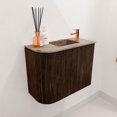 Mondiaz JOYA-DLUX 51.6cm toiletmeubel - ronding links kleur Walnut - Wastafel FAYE positie Rechts 1 kraangat kleur Arena.