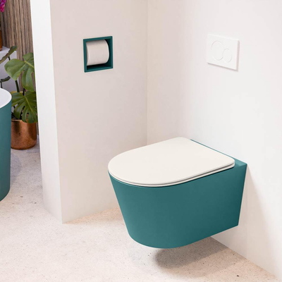 Mondiaz LAVIE hangtoilet – spoelrandloos – 36 x 53 cm – met softclose zitting – Smag (groen), zitting Linen (offwhite)