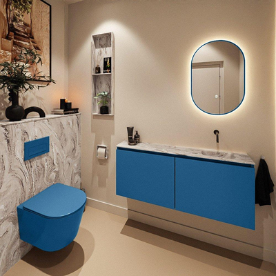 MONDIAZ TURE-DLUX Meuble toilette - 120cm - Jeans - EDEN - vasque Glace - position droite - sans trou de robinet