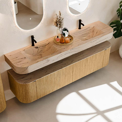 MONDIAZ THOR-DLUX 190cm meuble de salle de bains arrondi gauche + droite couleur Oak avec 2 tiroirs et 2 portes. Vasque suspendue CLOUD Double 2 trous de robinet couleur Arena.