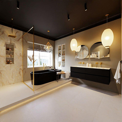 MONDIAZ VICA-DLUX Ensemble meuble de salle de bains - 150cm - meuble bas Urban - 4 tiroirs - vasque encastrée Cloud double - sans trous de robinet - version haute 60cm - Frappe